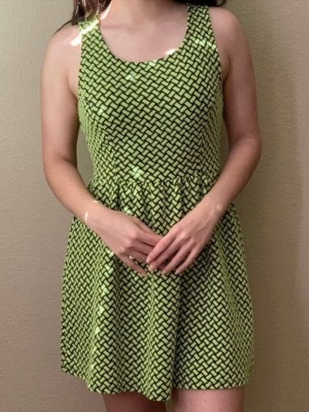 FOREVER 21 Lime Green Black Print Sleeveless Mini Fit Flare Dress JUNIORS Small